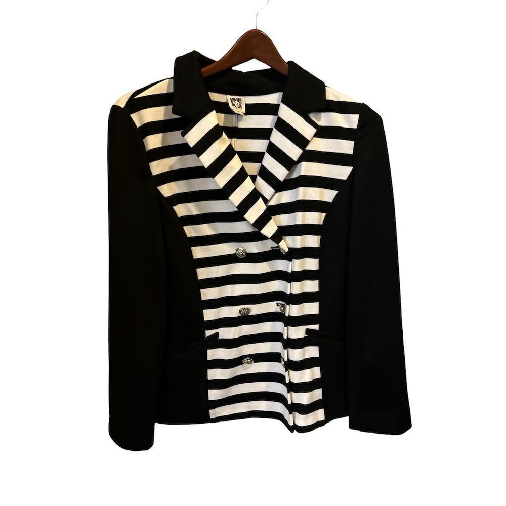 Anne Klein Women's Colorblock Striped Double Breasted Jacket Black White Size 12